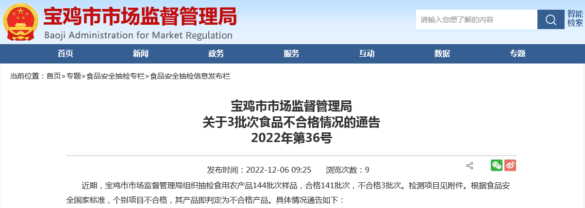 陜西省寶雞市市場(chǎng)監(jiān)管局抽檢食用農(nóng)產(chǎn)品144批次 不合格3批次